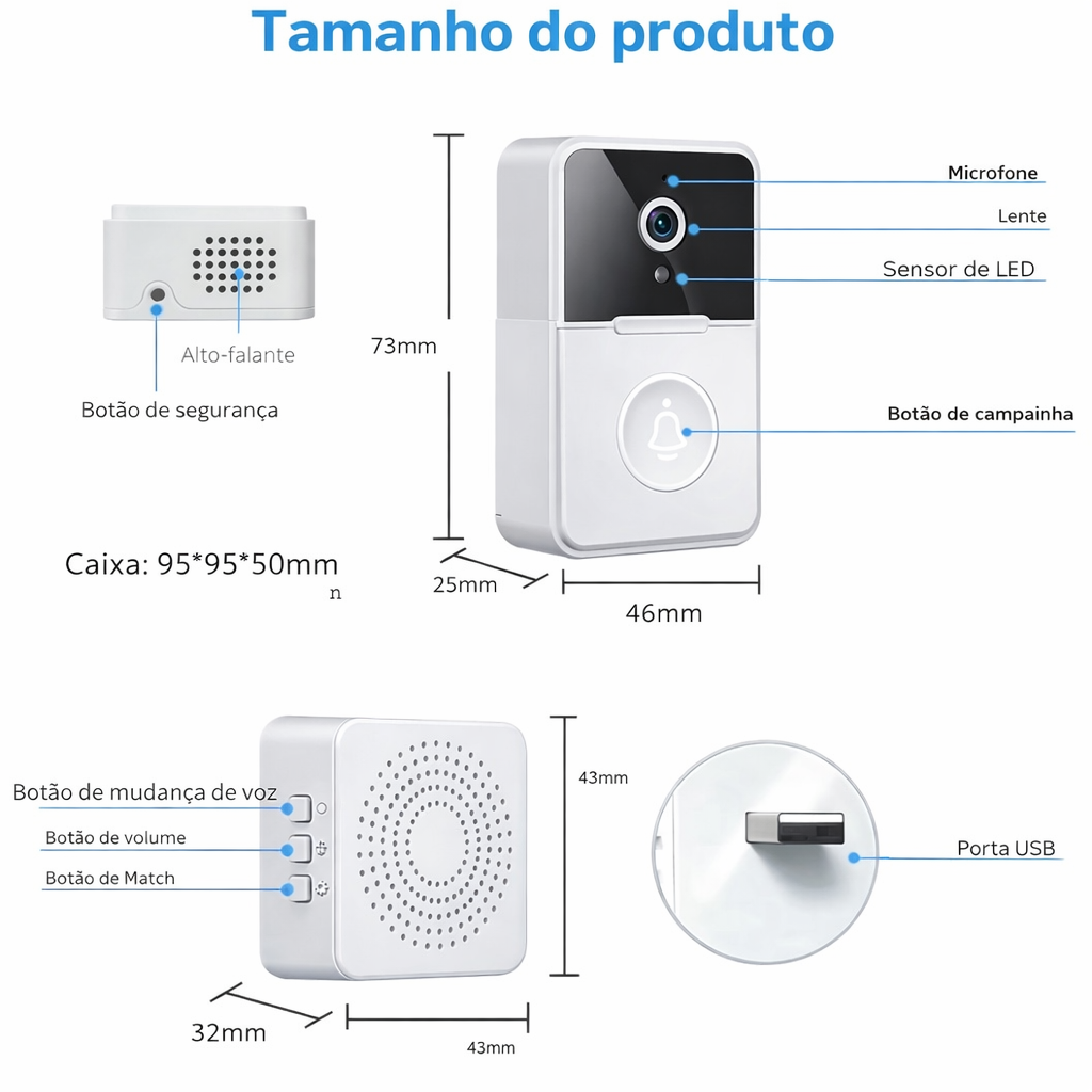 Campainha Com Câmera Vídeo s/Fio Wi-Fi HD conectada ao Celular